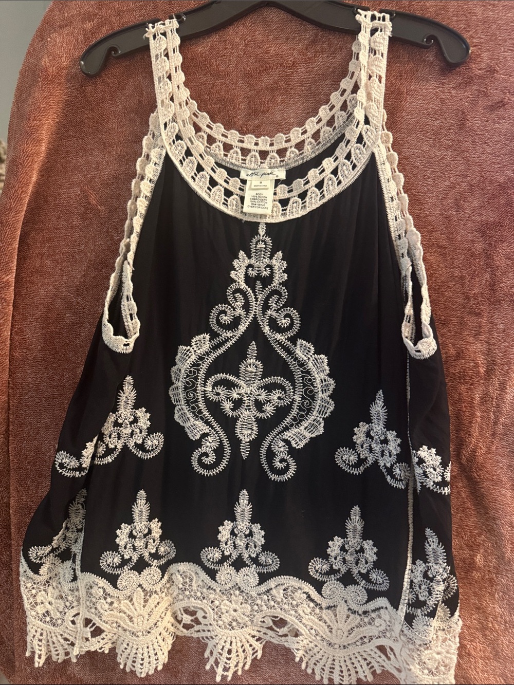 Black Crochet Trim Embroidered Tank Top